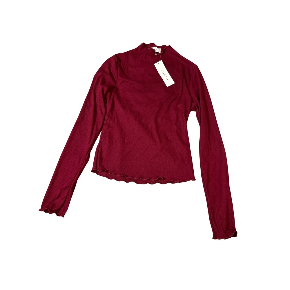 NWT Gilli Small Women Maroon Red Long Sleeve Ribbed Top Mock‎ Neck Lettuce Trim